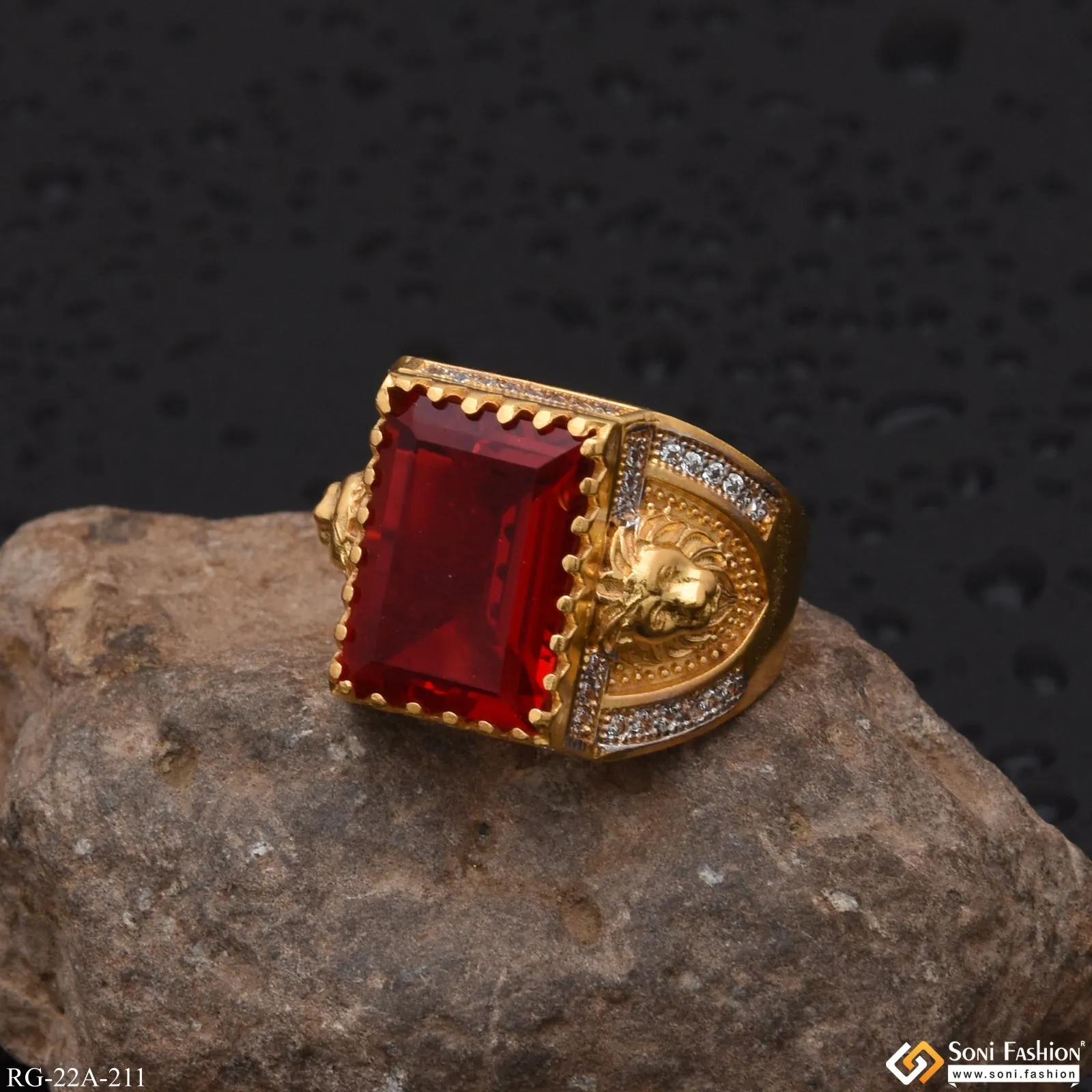 1 Gram Gold Forming Red Stone with Diamond Finely Detailed Design Ring - Style A211