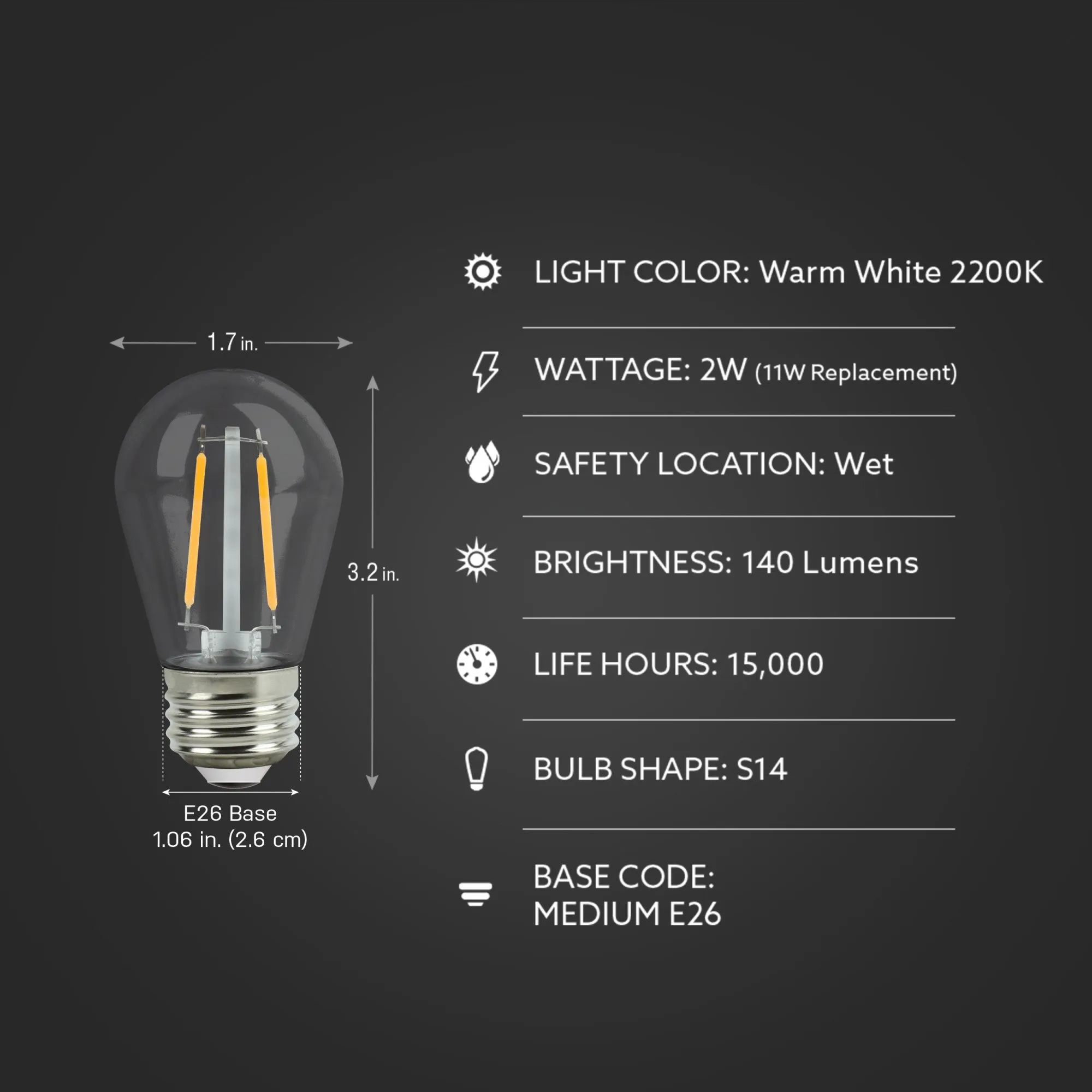 2W Warm White (2200K) E26 Base (S14 Replacement) High Output LED String Light Replacement Bulbs (4-Pack)