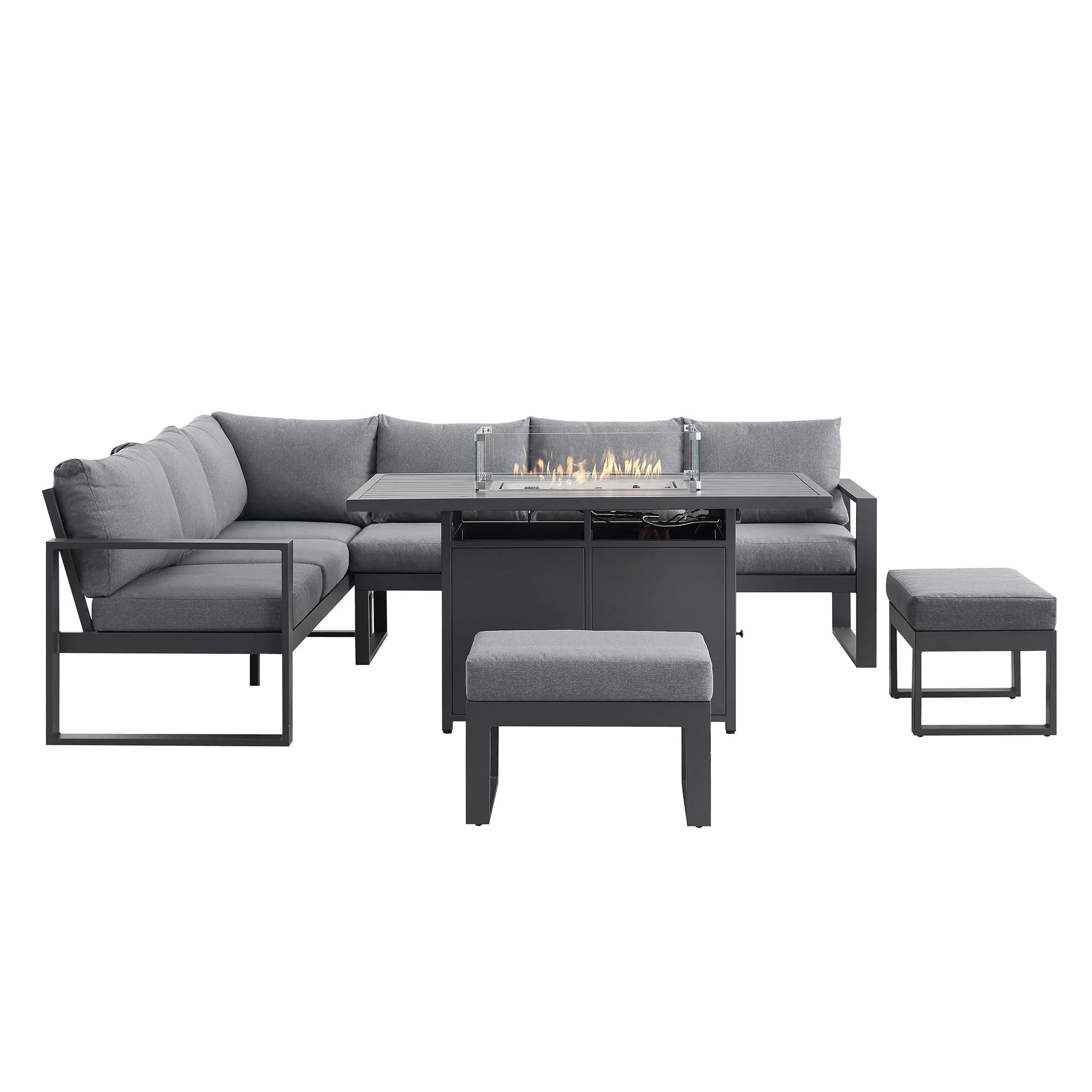 Albany Aluminium Large Corner Casual Dining Set with Firepit Table, Grey