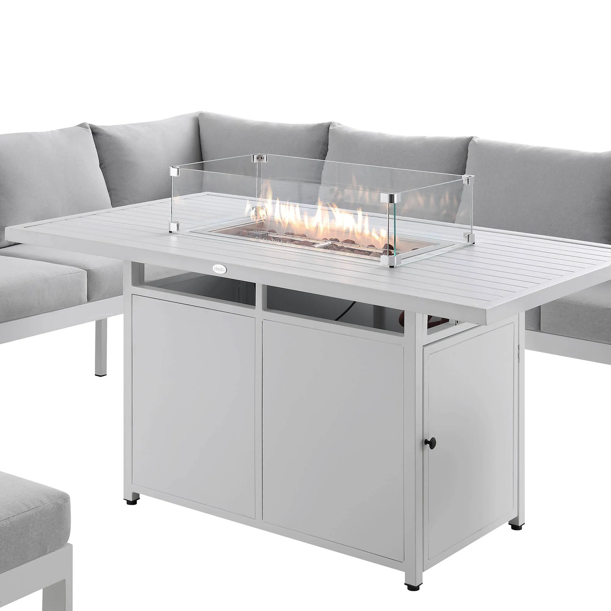 Albany Aluminium Large Corner Casual Dining Set with Firepit Table, White