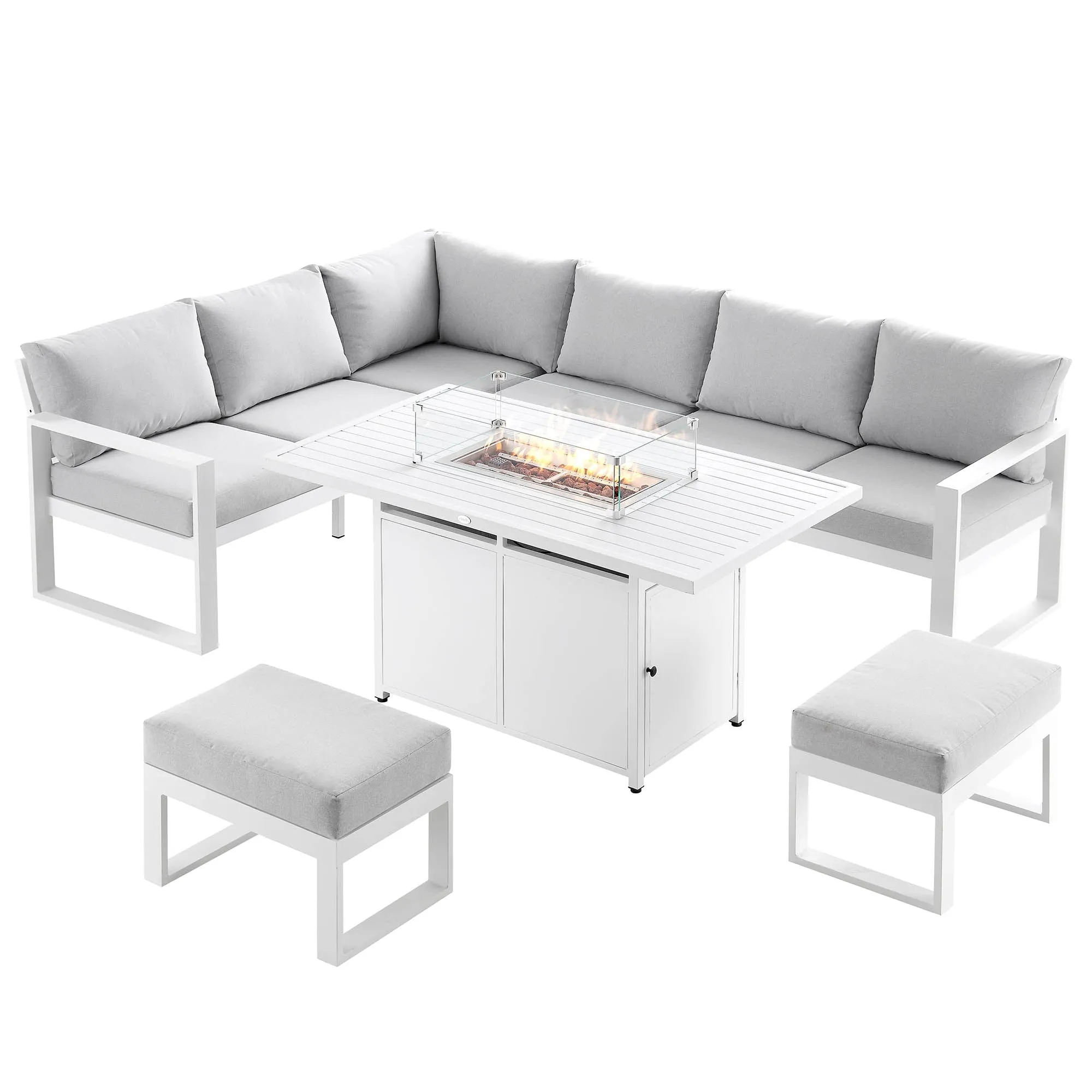 Albany Aluminium Large Corner Casual Dining Set with Firepit Table, White