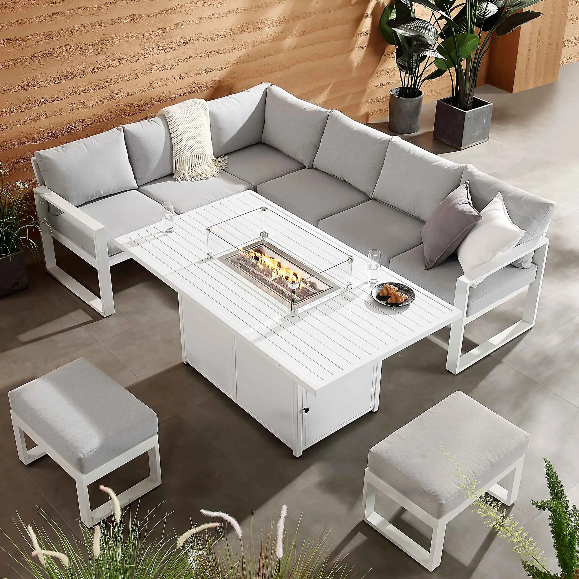 Albany Aluminium Large Corner Casual Dining Set with Firepit Table, White