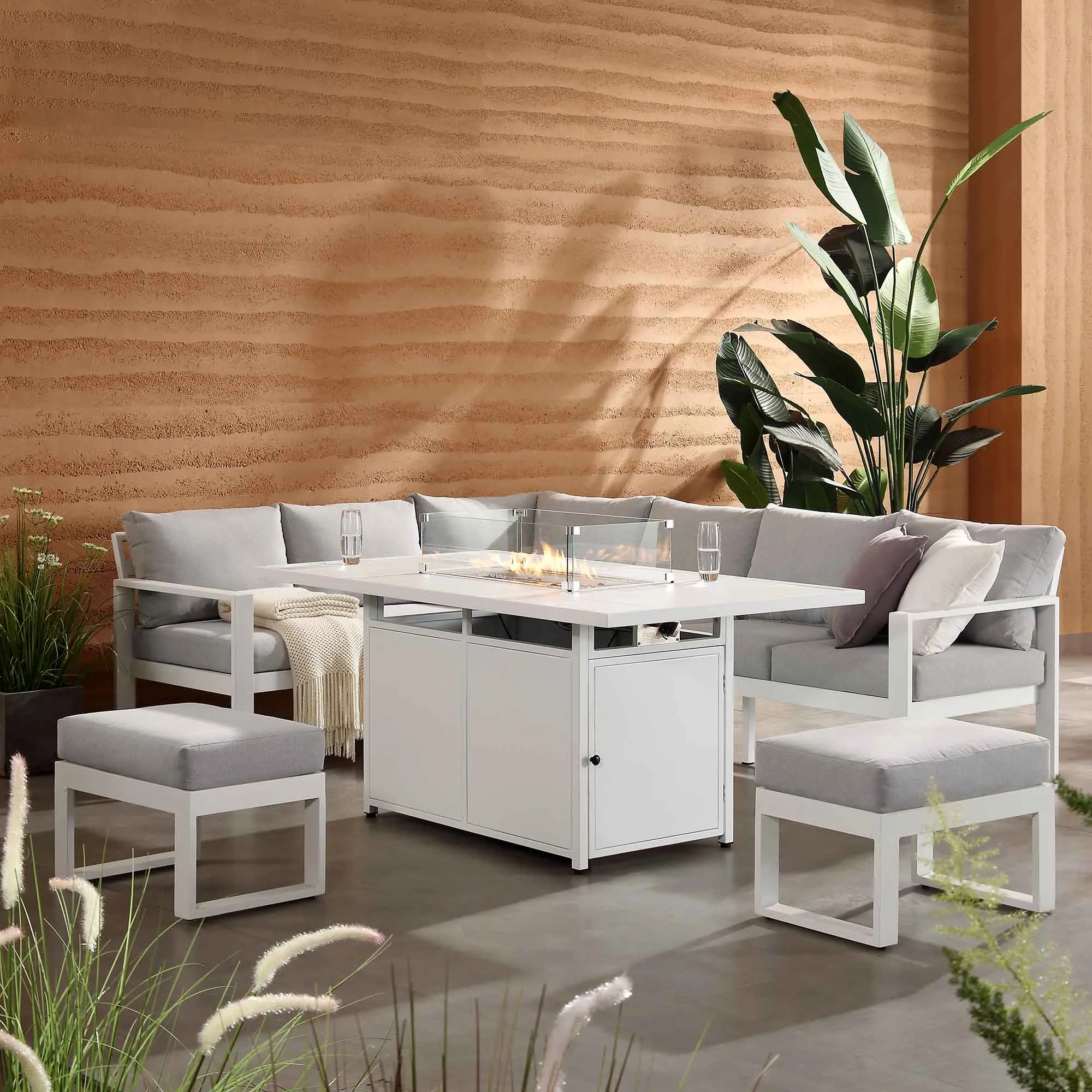 Albany Aluminium Large Corner Casual Dining Set with Firepit Table, White