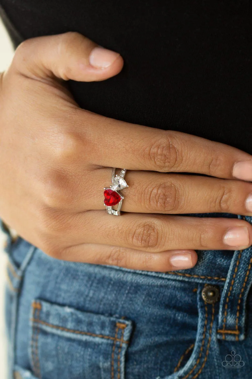 Always Adored Red and White Rhinestone Heart Ring - Paparazzi Accessories