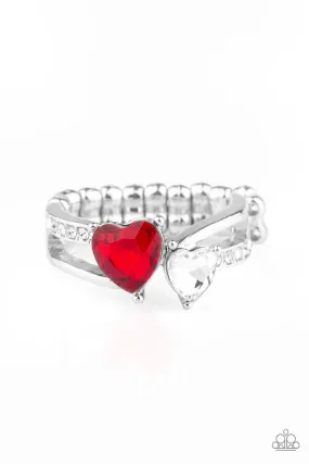 Always Adored Red and White Rhinestone Heart Ring - Paparazzi Accessories