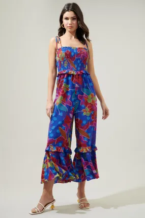 Amazonia Blue Jadora Smocked Tie Strap Cropped Jumpsuit