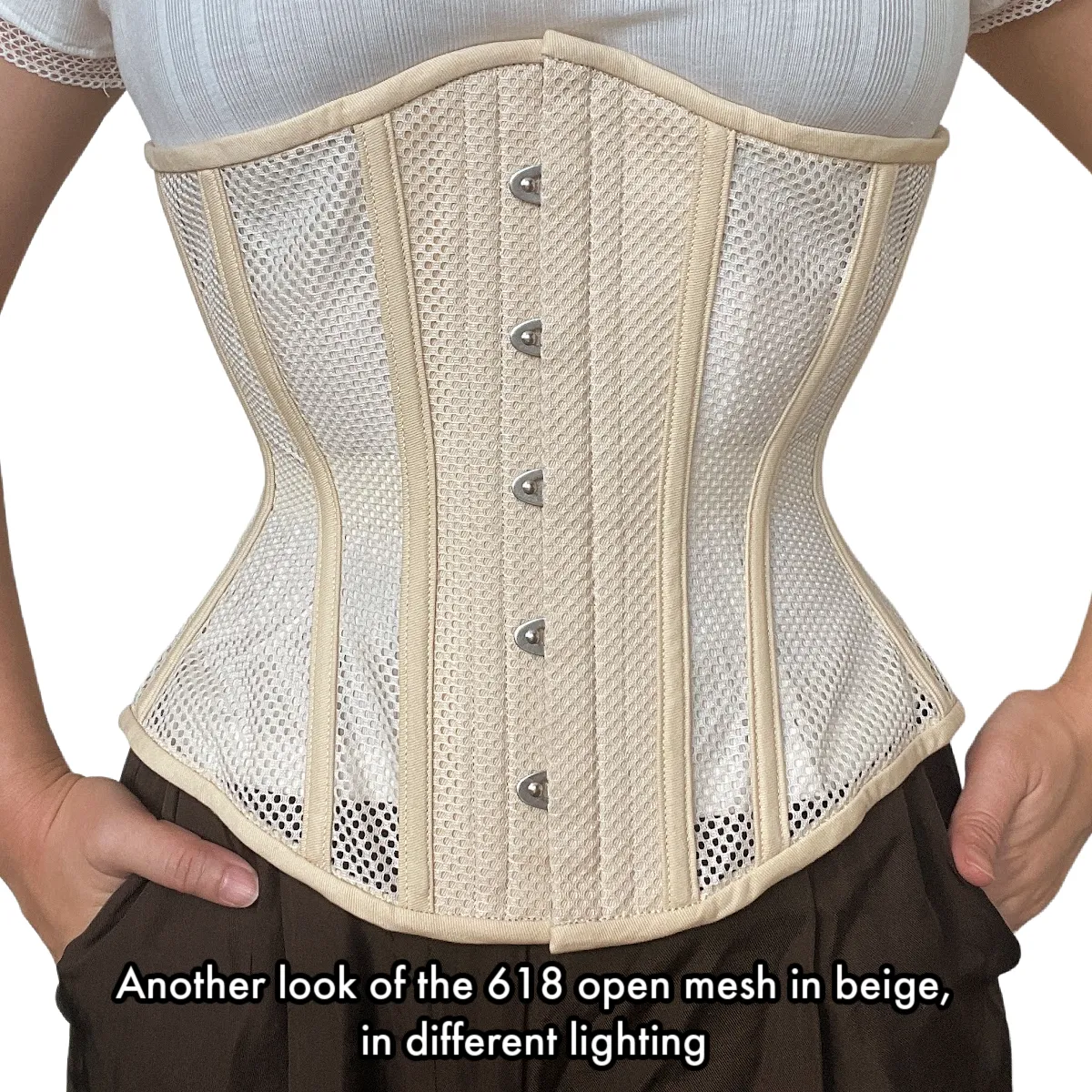 Beige Open Mesh Corset, Hourglass Silhouette, Regular