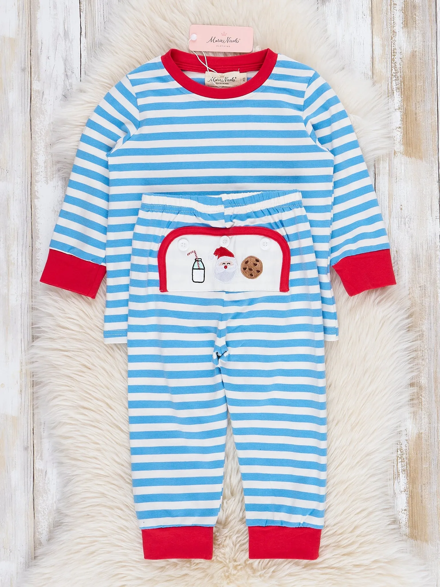 Blue Striped Embroidered Santa Cookies Pajamas