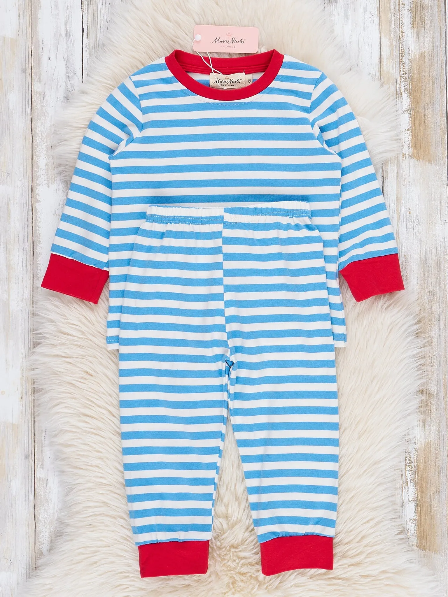 Blue Striped Embroidered Santa Cookies Pajamas