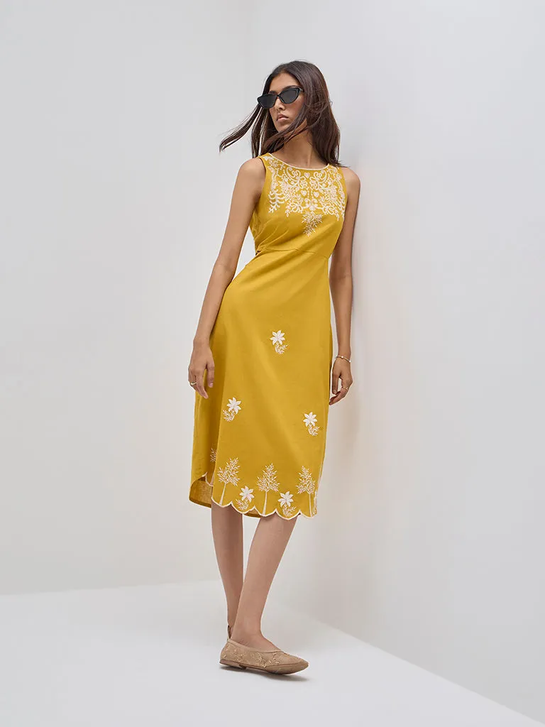 Bombay Paisley Mustard Floral Cotton Blend Straight Dress