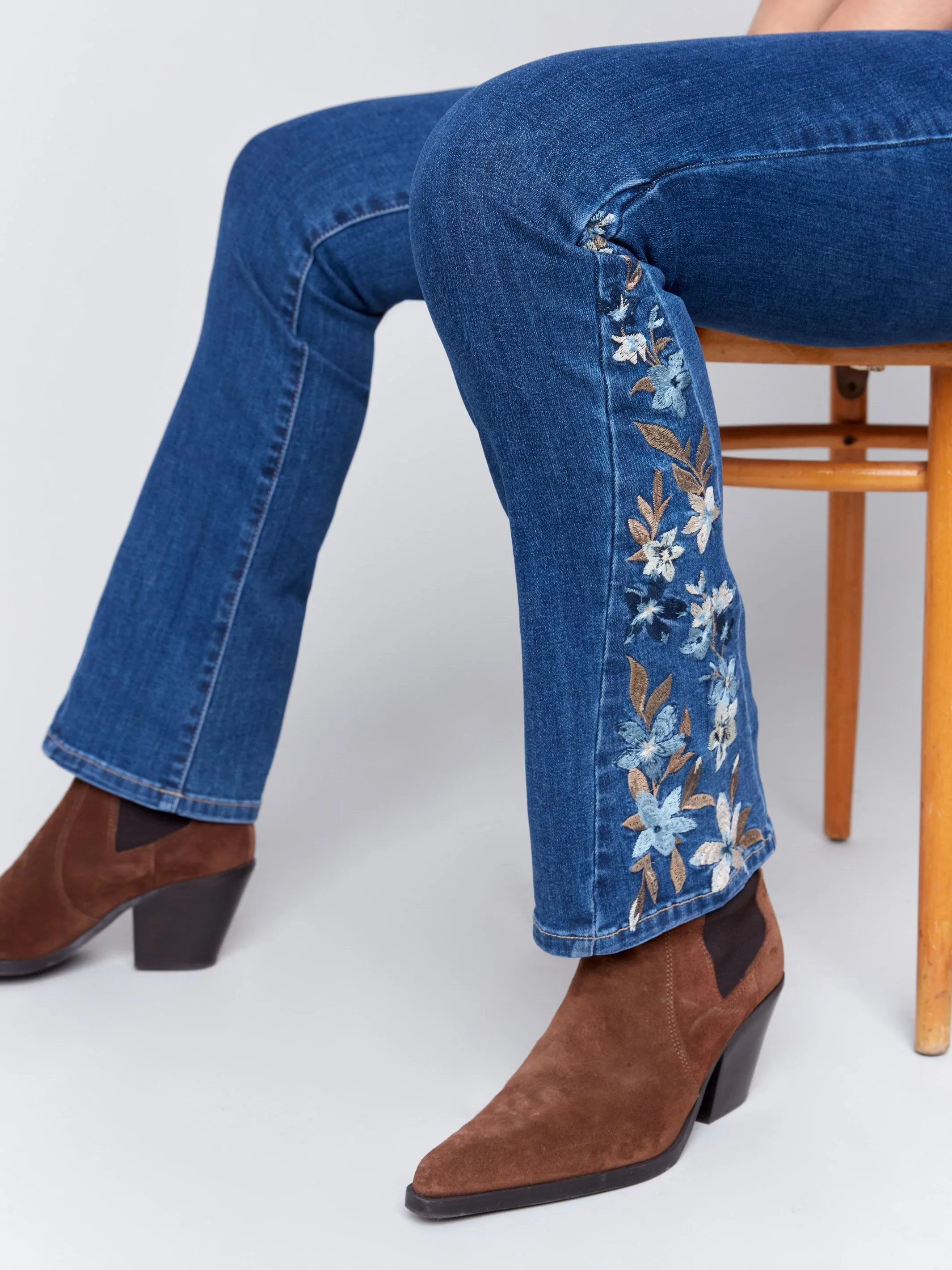 Bootcut Jeans with Floral Embroidery - Indigo