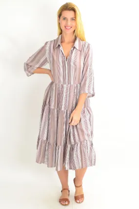 Brown Classic Strip Collar Tunic Dress