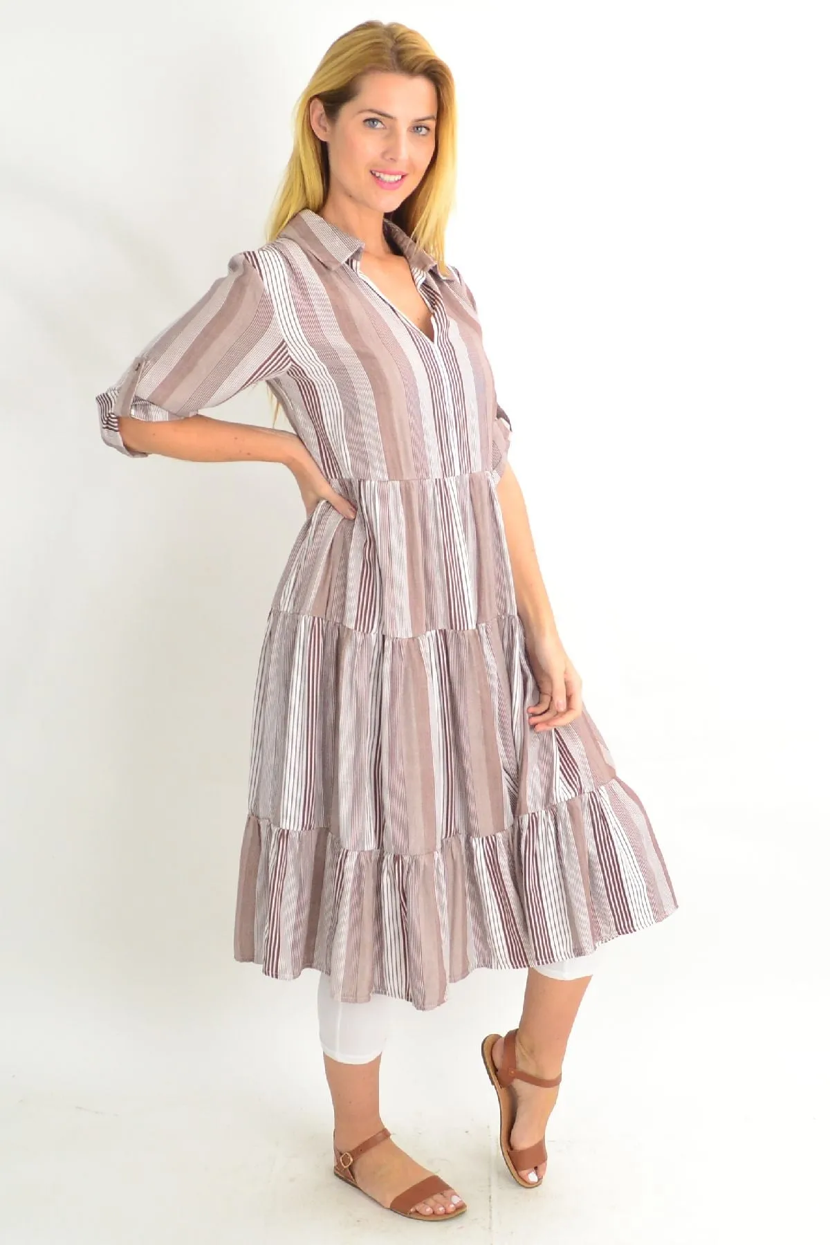 Brown Classic Strip Collar Tunic Dress