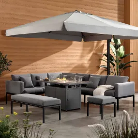 Calabasas Large Outdoor Fabric and Aluminium Corner Casual Dining Set with Firepit Table, Dark Grey