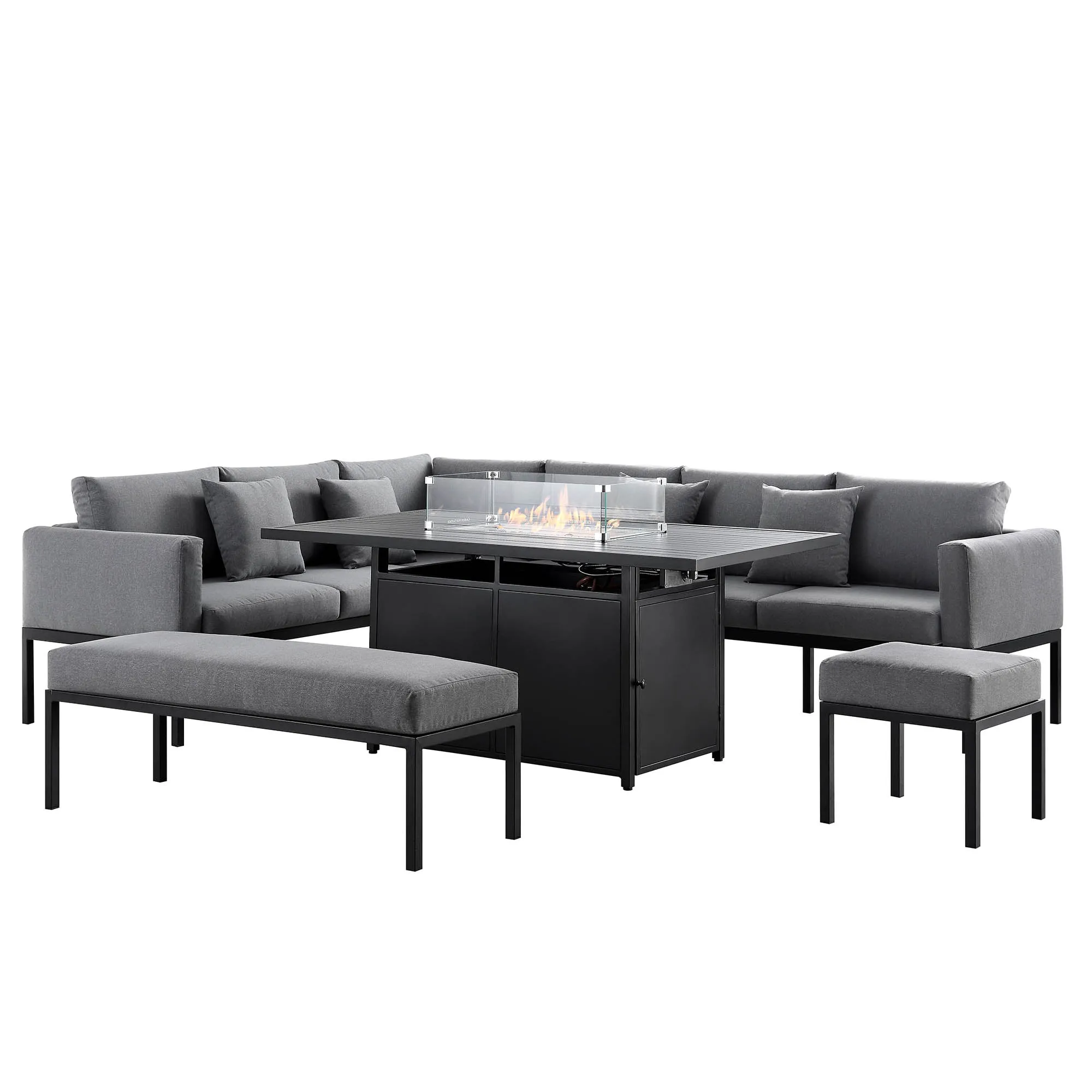 Calabasas Large Outdoor Fabric and Aluminium Corner Casual Dining Set with Firepit Table, Dark Grey