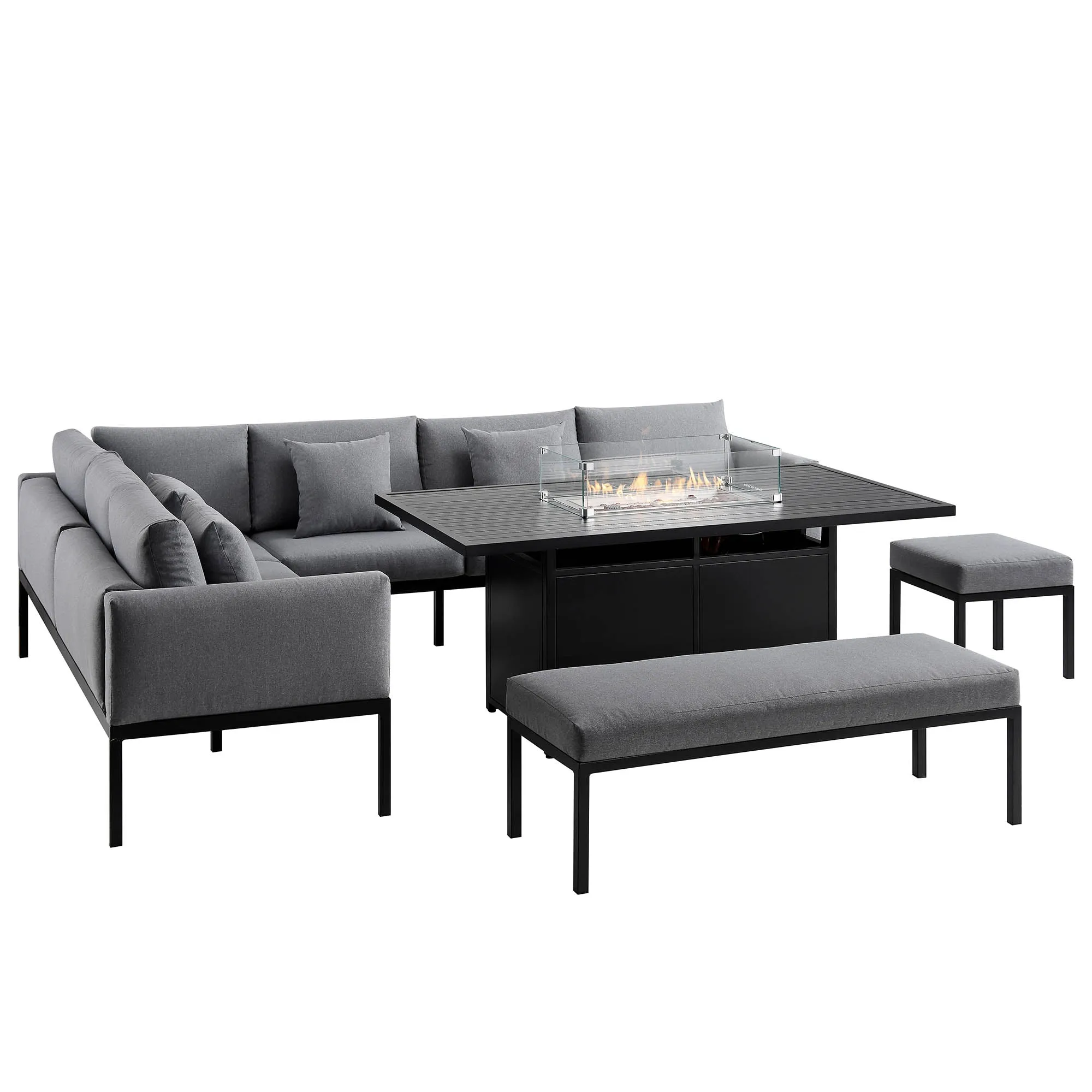 Calabasas Large Outdoor Fabric and Aluminium Corner Casual Dining Set with Firepit Table, Dark Grey