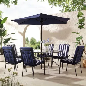 Champneys 6-Seater Steel and Fabric Outdoor Patio Dining Set with Crank Parasol, Blue