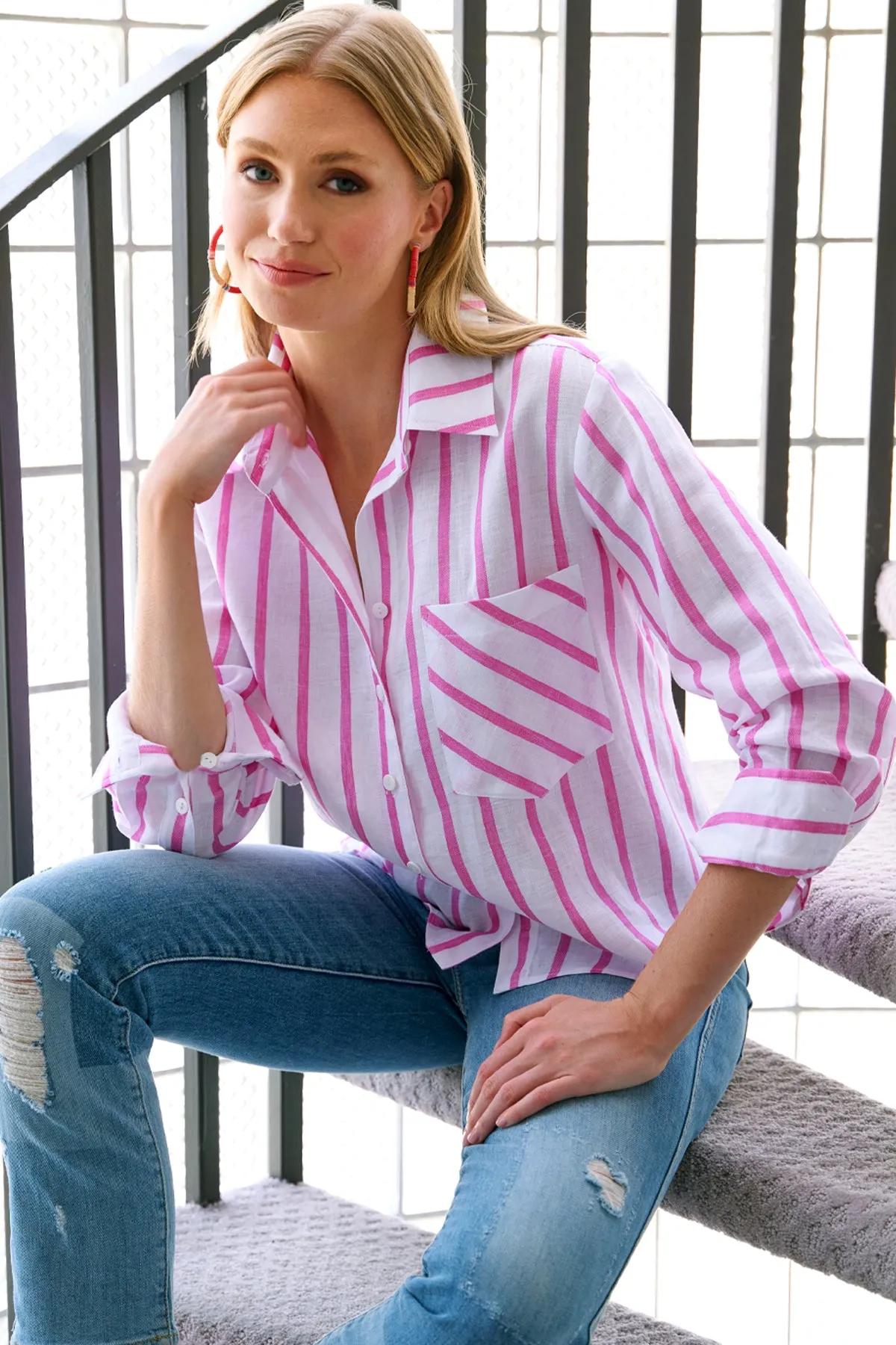 Crop Andie Shirt Pink & White Stripe