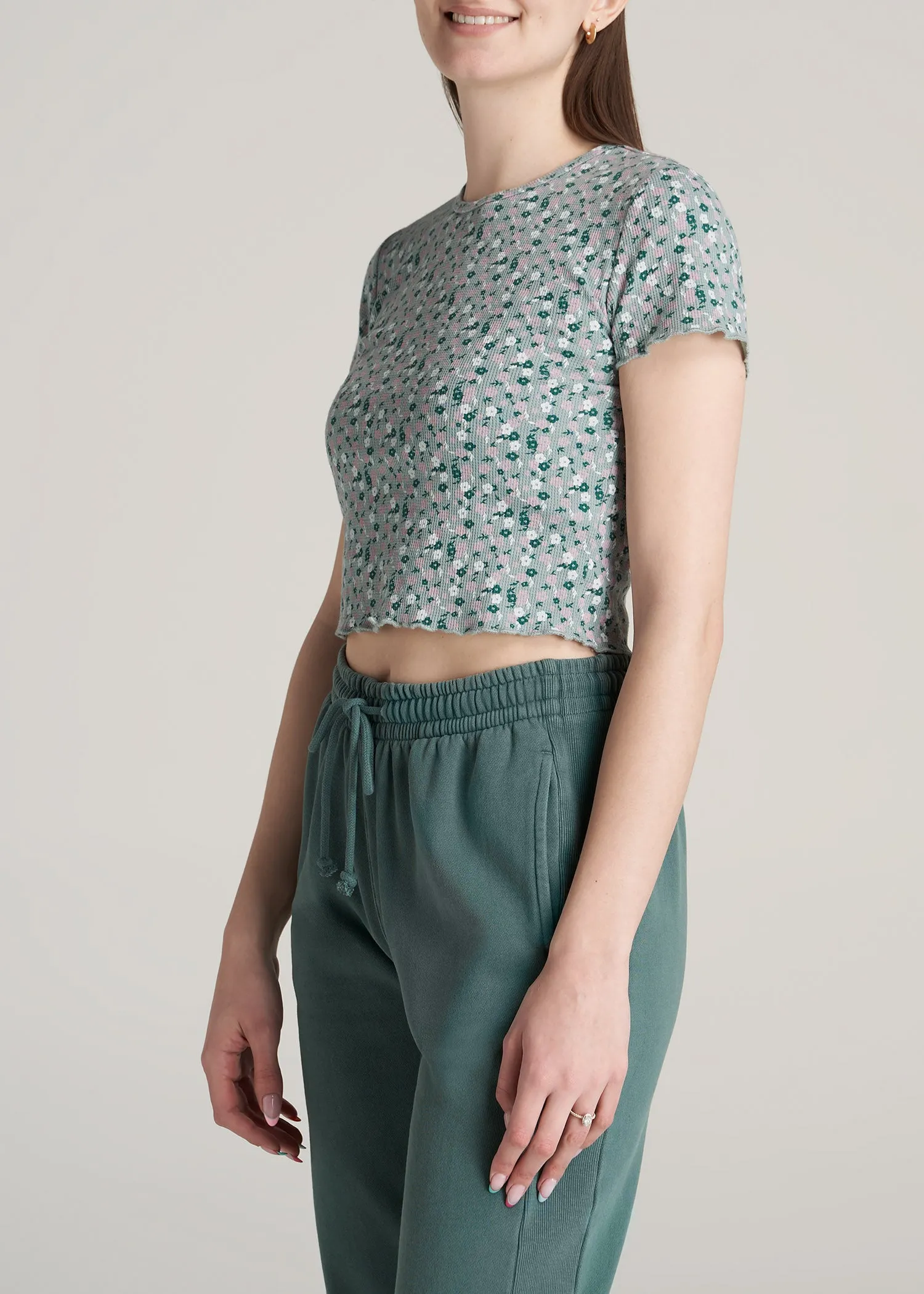 Cropped Waffle Tee in Seaglass Floral - Women's Tall T-Shirts