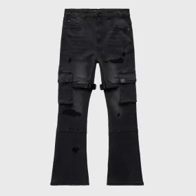 Distressed Strap Cargo Flare Denim Black