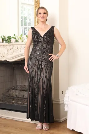 Godet Sequin Embellished V-Neck Evening Gown