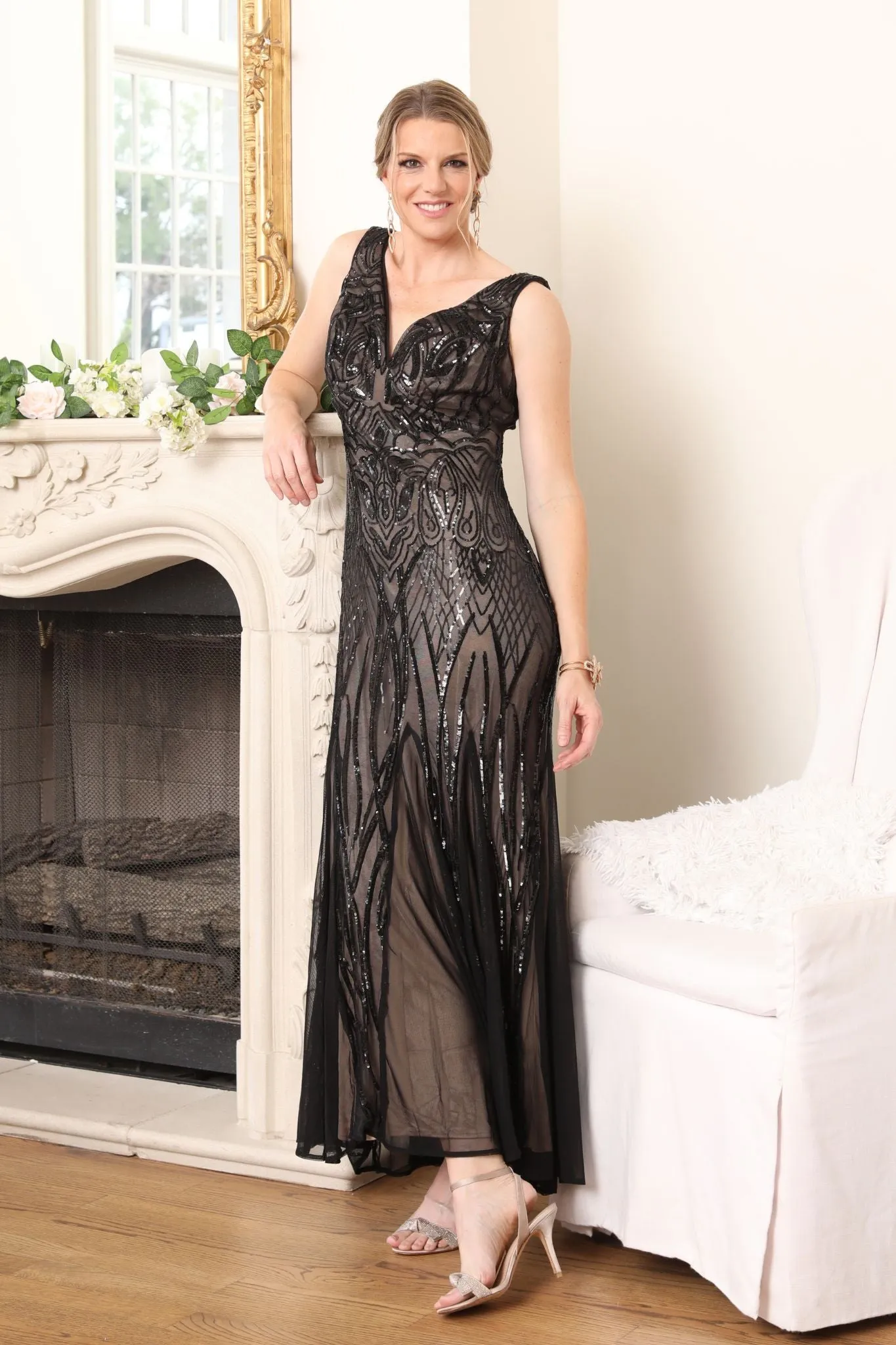 Godet Sequin Embellished V-Neck Evening Gown