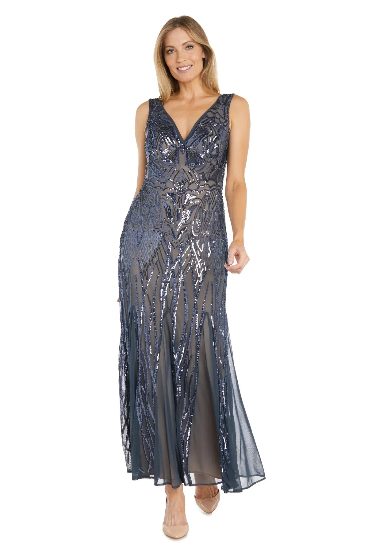 Godet Sequin Embellished V-Neck Evening Gown