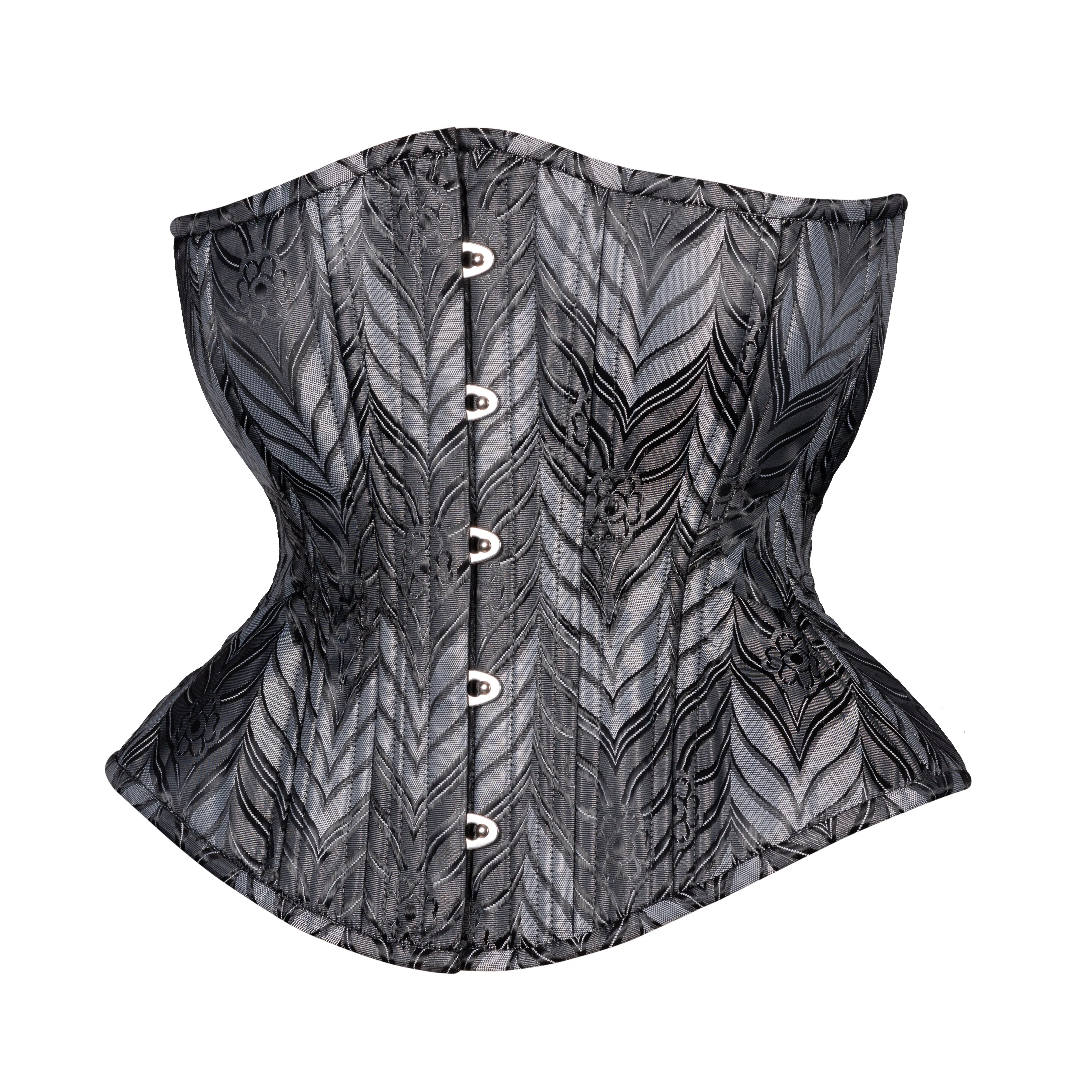 Gray Feathers in Vinyl Corset, Hourglass Silhouette, Regular