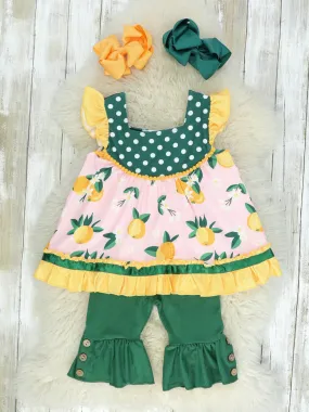 Green & Yellow Lemons Ruffle Top & Capris Outfit