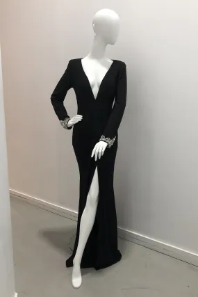 Jovani Scrunched V Front Long Sleeve Gown