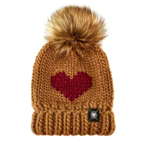 Luxury Big Heart Pom-Pom Beanie in Caramel   Cabernet