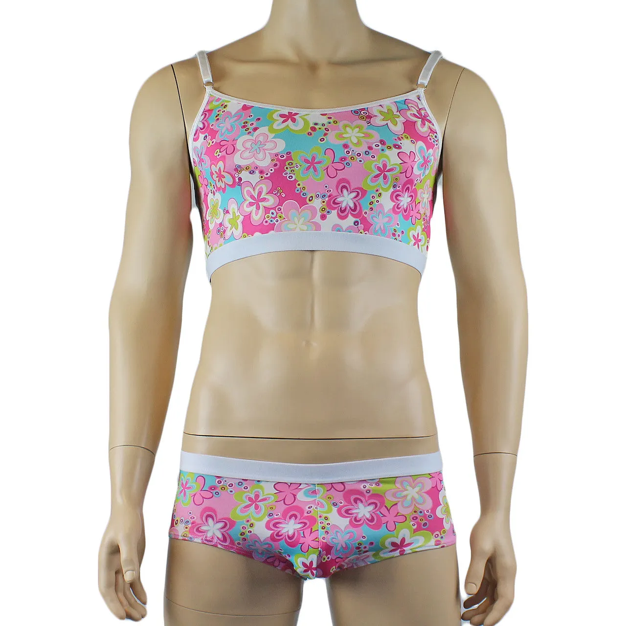 Male Hippie Flower Print Crop Top Camisole and Boxer Briefs