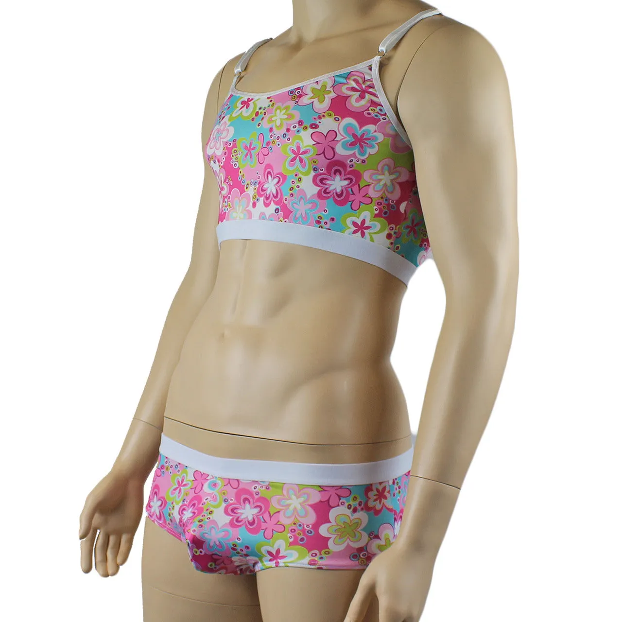 Male Hippie Flower Print Crop Top Camisole and Boxer Briefs