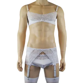 Male Romance Stretch Spandex Bra, Briefs & Garterbelt White