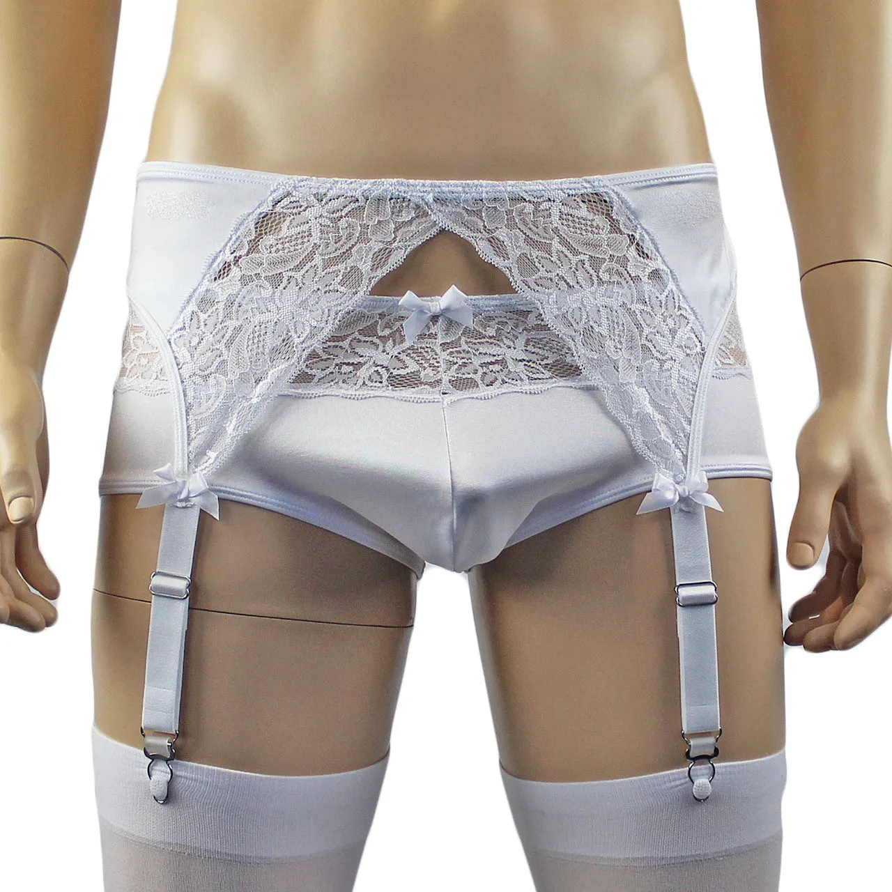 Male Romance Stretch Spandex Bra, Briefs & Garterbelt White