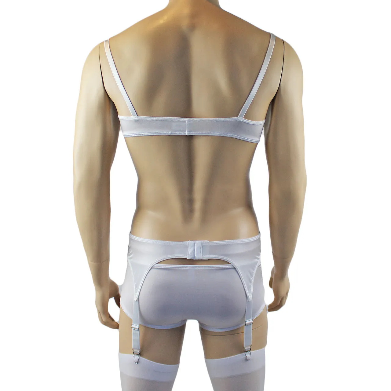 Male Romance Stretch Spandex Bra, Briefs & Garterbelt White