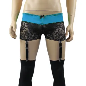 Mens Risque Boxer Briefs with Detachable Garters & Stockings Teal and Black Lace