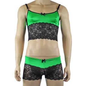 Mens Risque Camisole Top Boxer Briefs Green and Black Lace