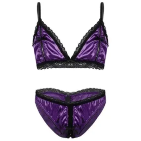 Mens Sissy Peek a Boo Bra Top & Crotchless Panty Briefs Dark Violet