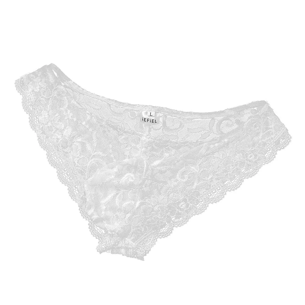 Mens Sissy Stretch Lace Briefs with Pouch Front White