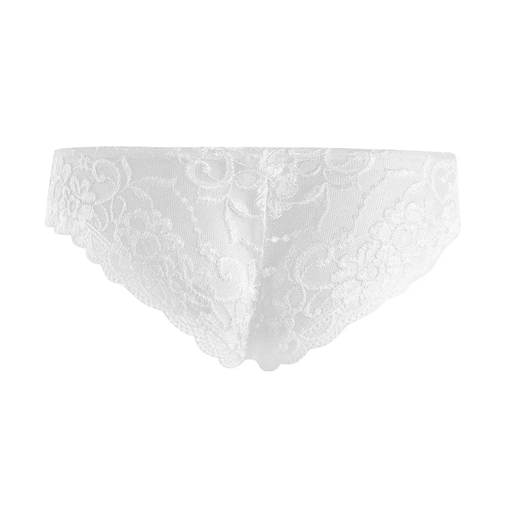 Mens Sissy Stretch Lace Briefs with Pouch Front White