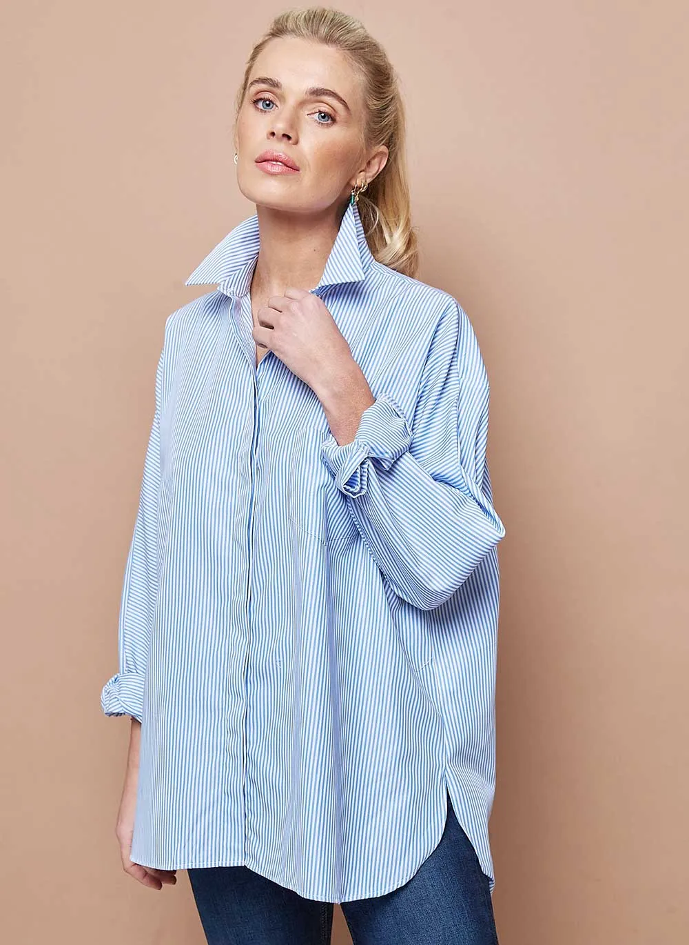 Oversized Cotton Shirt - Blue Stripe