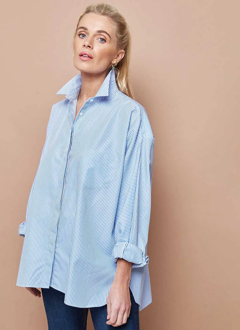 Oversized Cotton Shirt - Blue Stripe