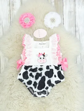 Pink Check Cow Ruffle Bubble Romper