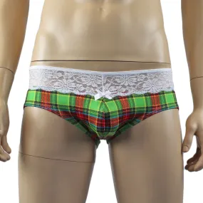 SALE - Mens Plaid Tartan Briefs with Lace Trim Green and Red