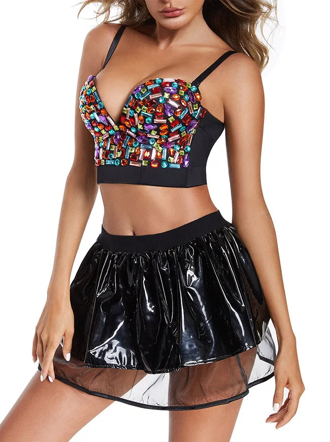 Spaghetti Straps Rhinestone Beaded Clubwear Bustier Crop Top Bra