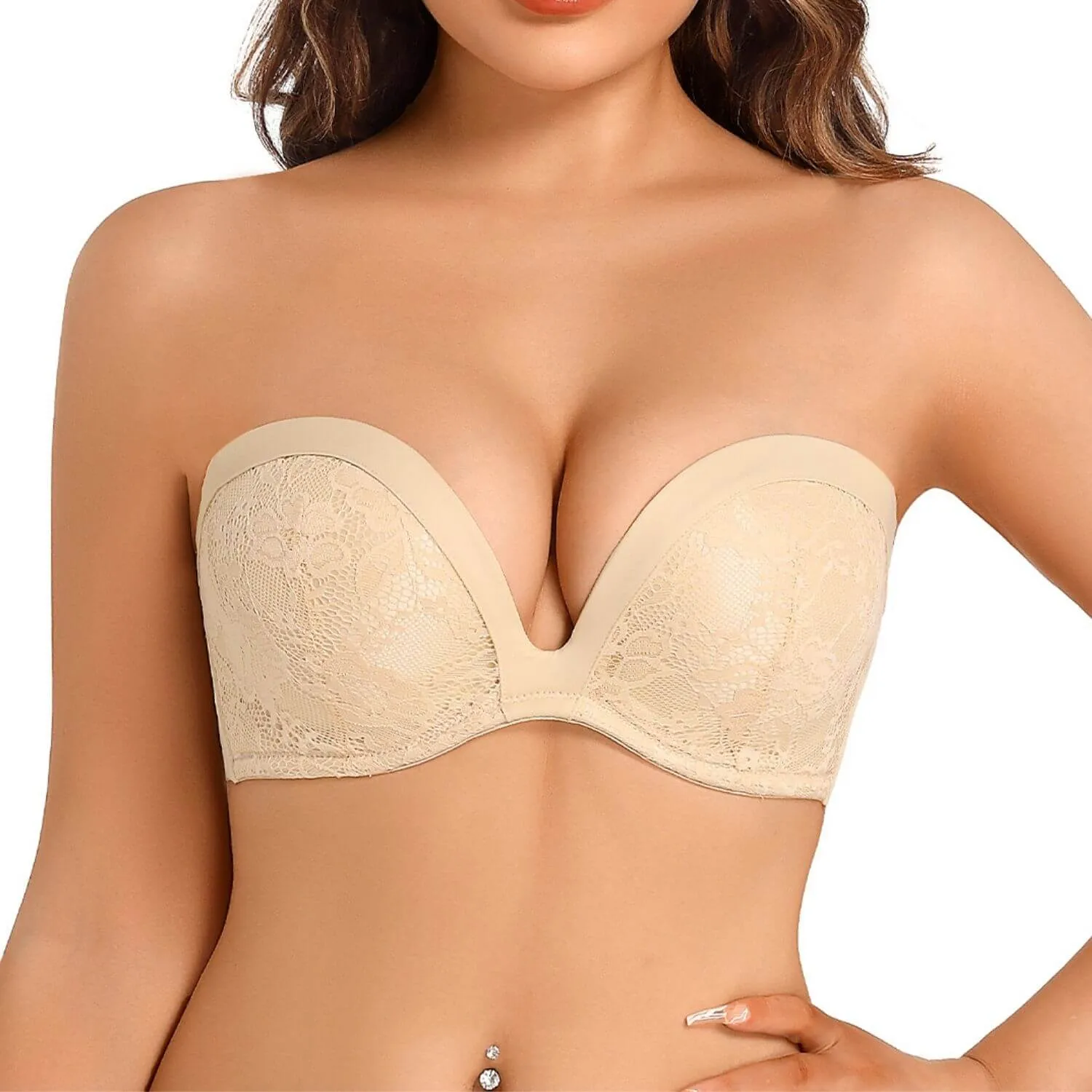 Strapless Push Up Convertible Lace Padded Plunge Bra with Clear Straps