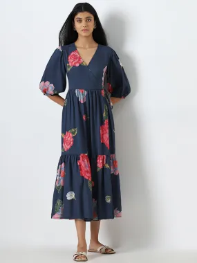 Utsa Indigo Floral Design Tiered Dress