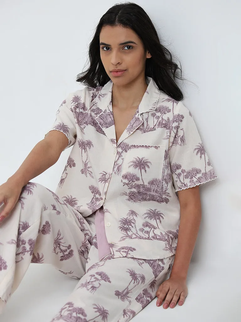 Wunderlove Lilac Printed Cotton Shirt and Pyjamas Set