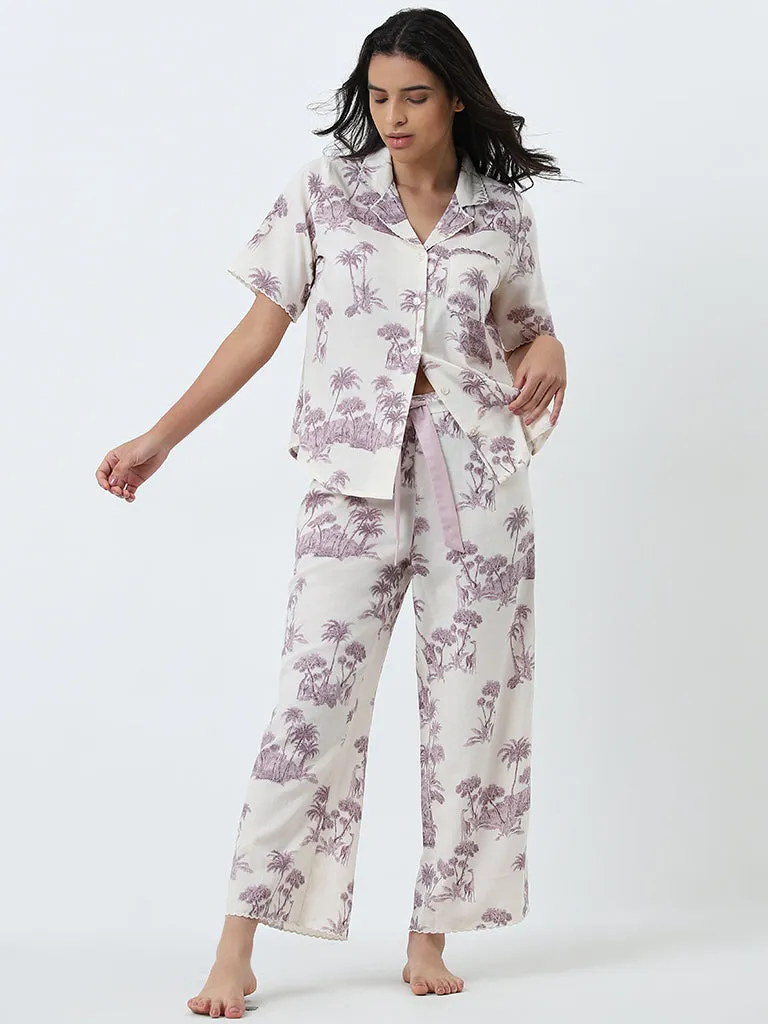 Wunderlove Lilac Printed Cotton Shirt and Pyjamas Set